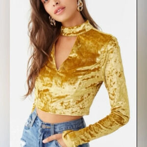 Essue  Long Sleeve High Neck‎ Gold Faux Suede Crop Top Size Medium